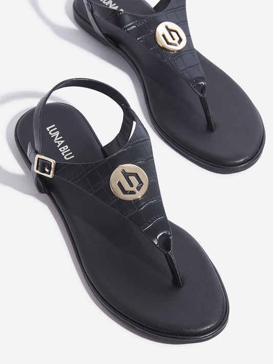 LUNA BLU Black T-Strap Slingback Sandals