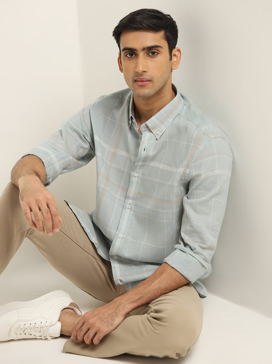 Ascot Teal Checkered Blended Linen Relaxed-Fit Shirt