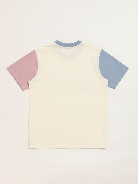 Y&F Kids Cream Printed Ribbed T-Shirt