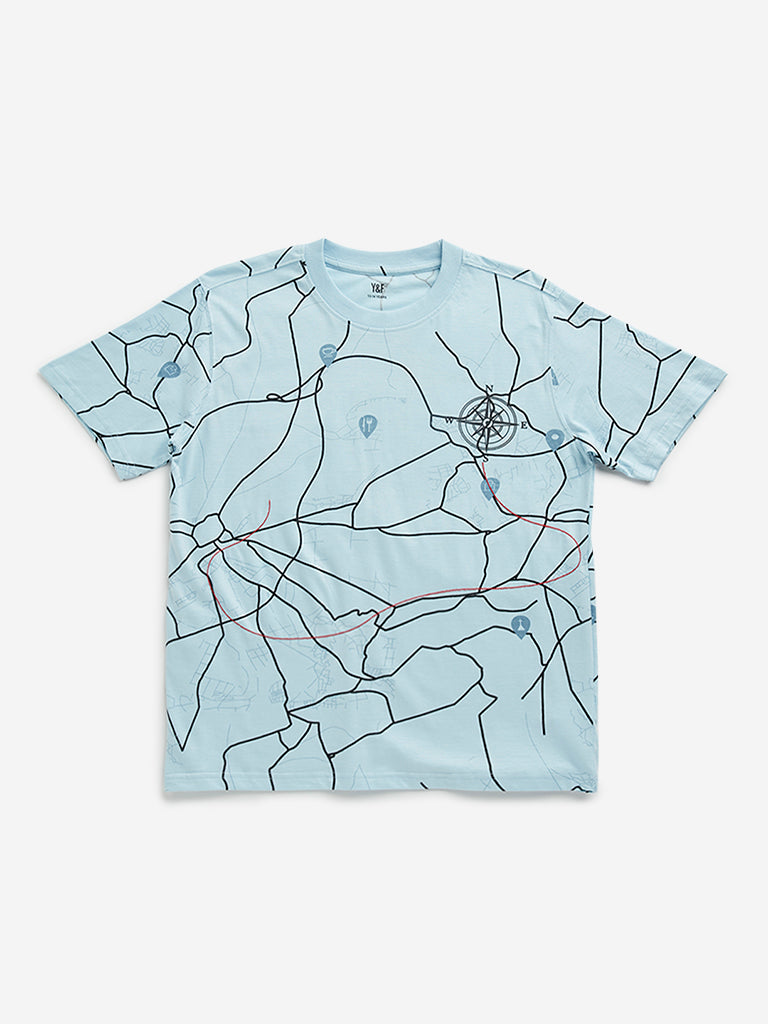 Y&F Kids Blue Map-Inspired T-Shirt