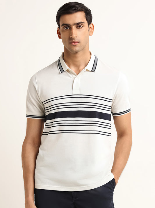 WES Casuals Off-White Striped Slim Fit T-Shirt