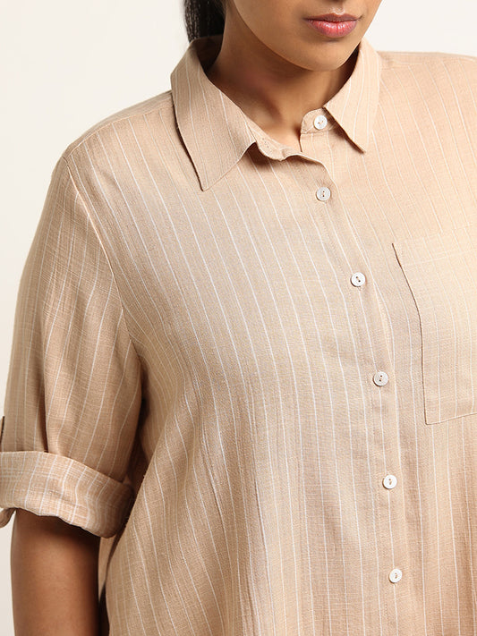Gia Beige Striped Blended Linen Asymmetric Shirt