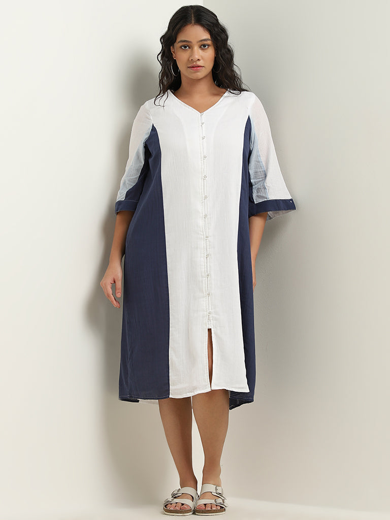 Gia Curves White Colour Blocked Casual Cotton Straight Dress