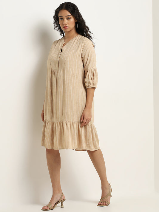 Gia Beige Striped Blended Linen Straight Dress