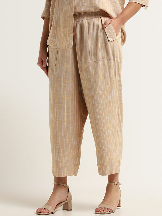 Gia Beige Striped High Rise Blended Linen Pants