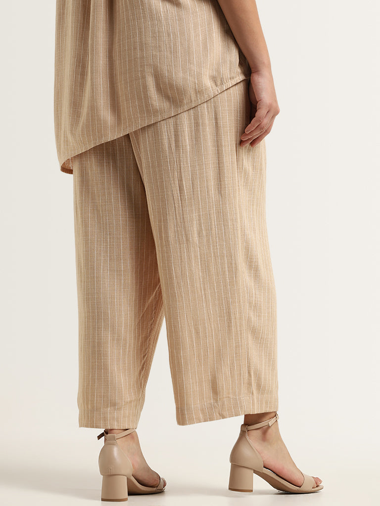 Gia Beige Striped High Rise Blended Linen Pants