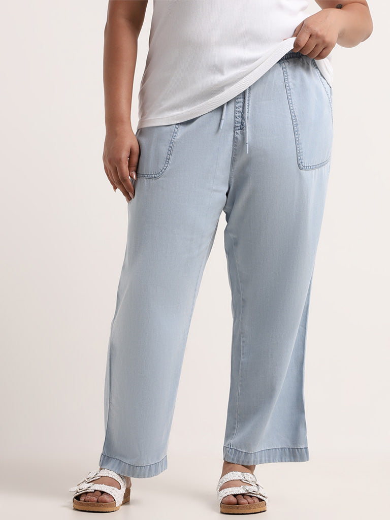 Gia Light Blue Chambray Cotton Blend Straight-Fit Pants