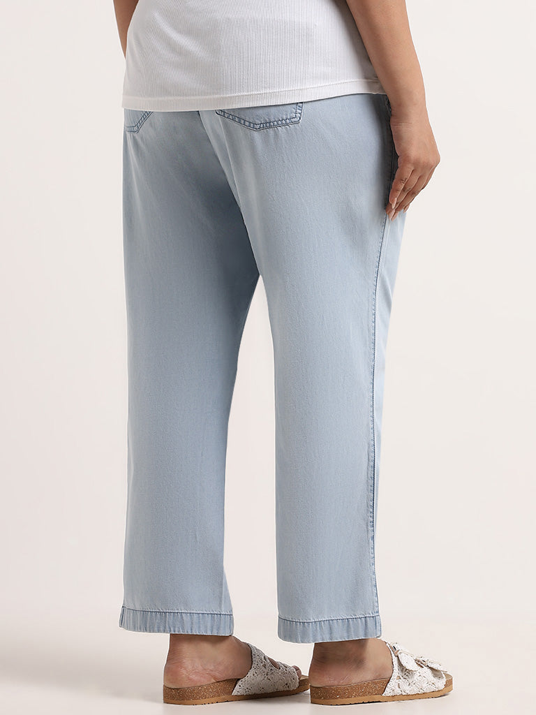 Gia Light Blue Chambray Cotton Blend Straight-Fit Pants