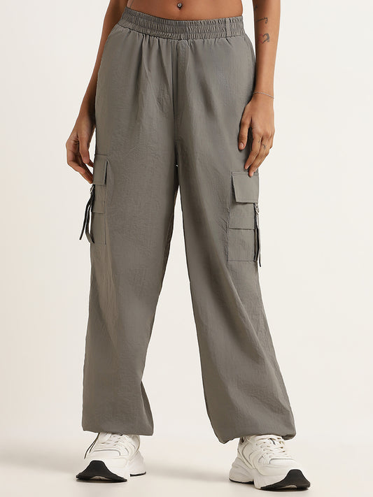 Studiofit Grey Mid Rise Cotton Cargo Pants
