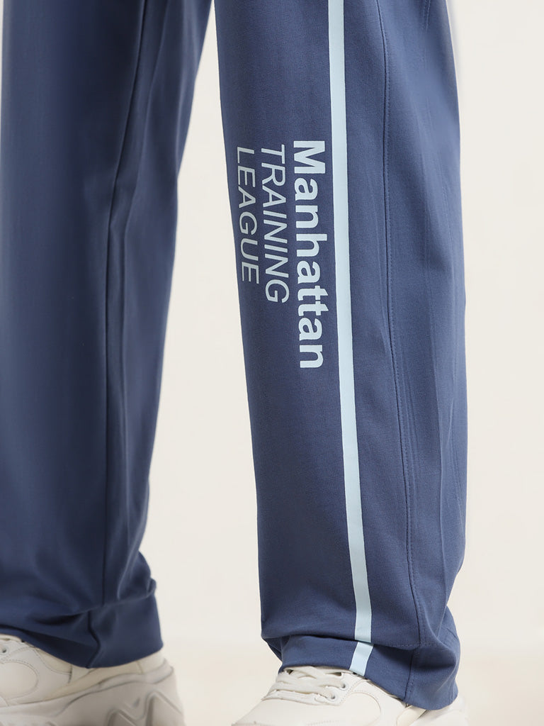 Studiofit Blue Text Design Mid Rise Cotton Track Pants