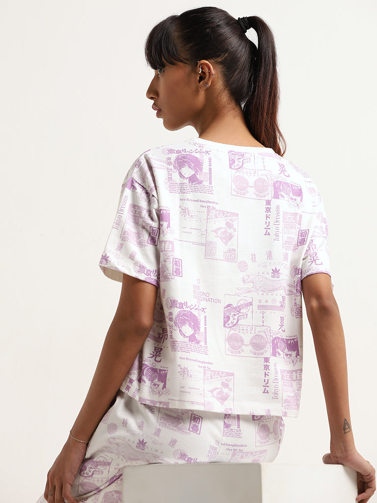 Studiofit White Relaxed Fit Printed T-Shirt