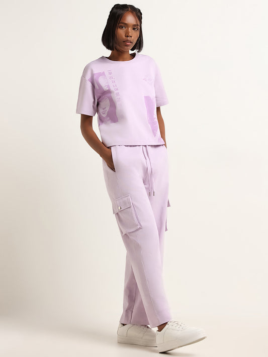 Studiofit Lilac Relaxed Fit Contrast Print T-Shirt