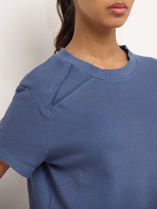 Studiofit Blue Ribbed Textured T-Shirt