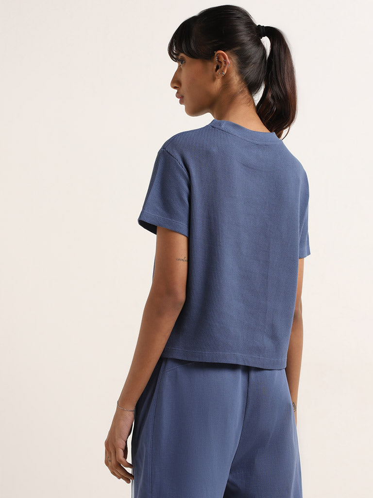 Studiofit Blue Ribbed Textured Cotton T-Shirt