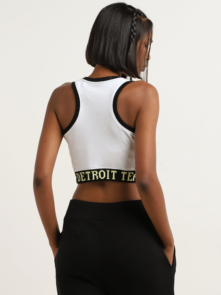 Studiofit White and Black Text Printed Cotton Blend Crop Top