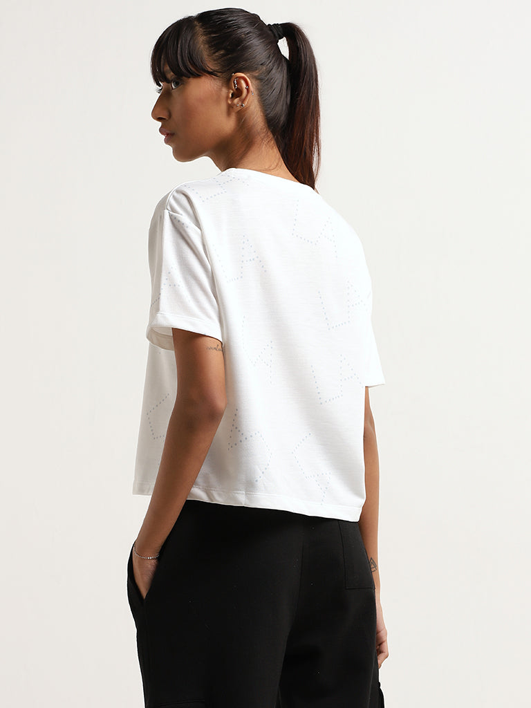 Studiofit White Printed Cotton Relaxed Fit T-Shirt