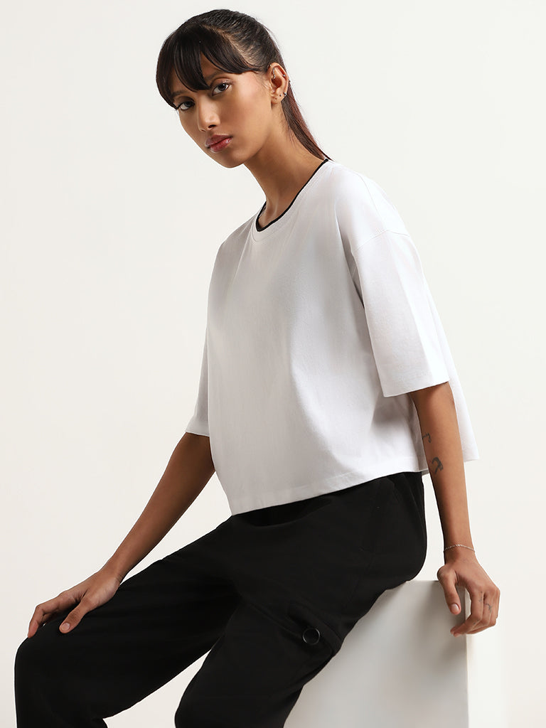 Studiofit Solid White Cotton Crop T-Shirt