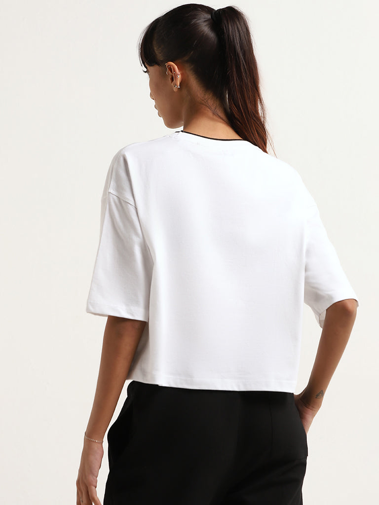 Studiofit Solid White Cotton Crop T-Shirt