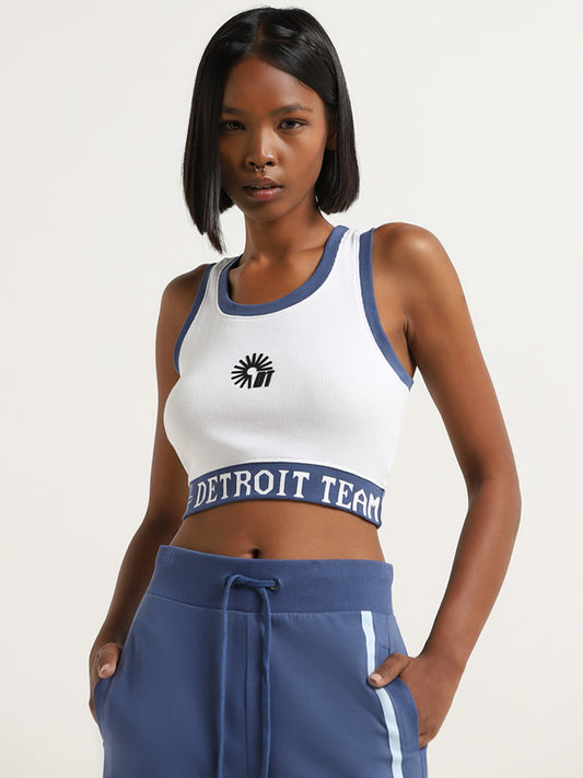 Studiofit White & Blue Text Printed Crop Top