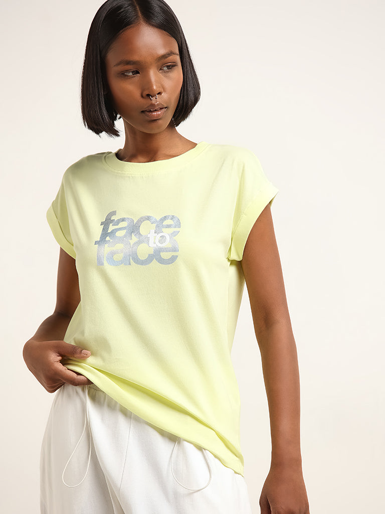 Studiofit Lime Text Printed Cotton T-Shirt