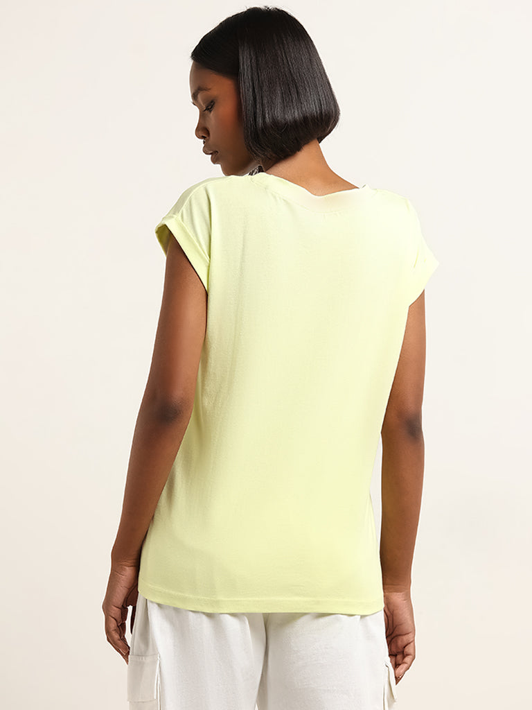 Studiofit Lime Text Printed Cotton T-Shirt