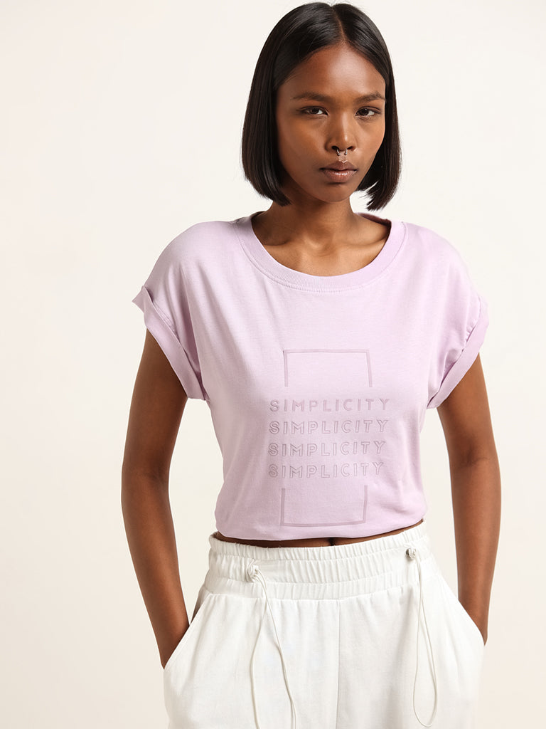 Studiofit Lilac Text Printed T-Shirt