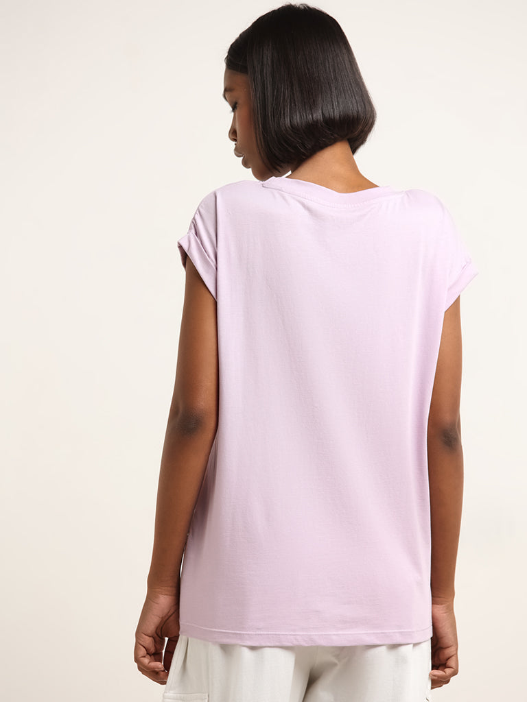 Studiofit Lilac Text Printed Cotton T-Shirt