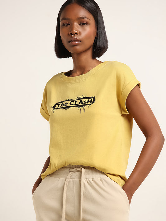 Studiofit Yellow Text Printed T-Shirt