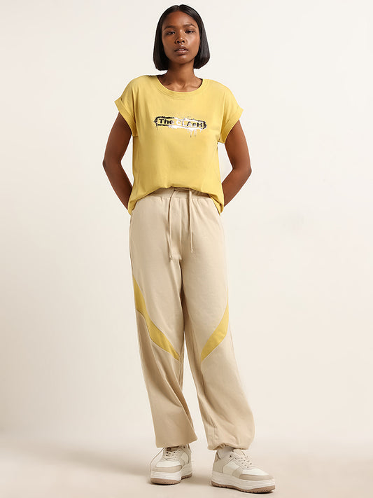 Studiofit Yellow Text Printed Cotton T-Shirt