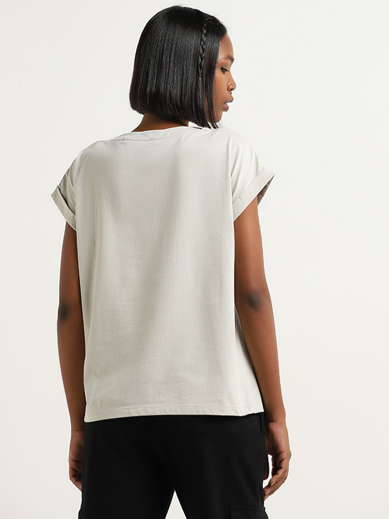Studiofit Grey Text Embossed Cotton T-Shirt