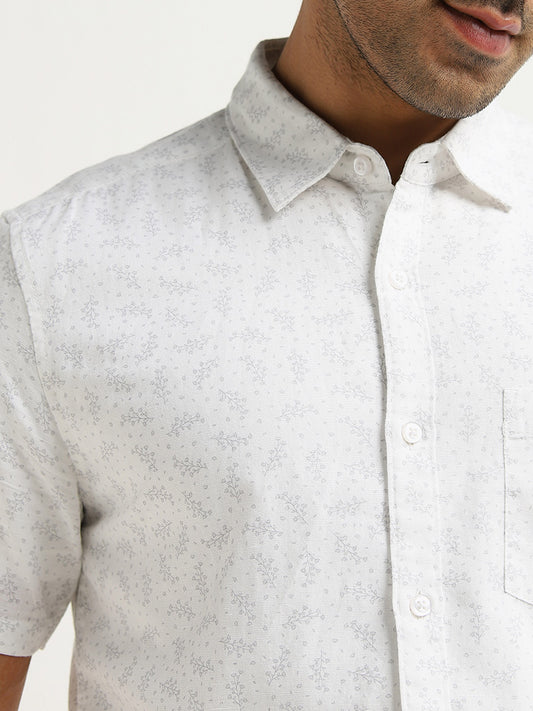 WES Casuals White Floral Blended Linen Slim Fit Shirt