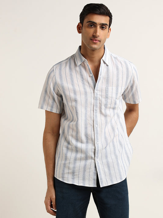 WES Casuals White and Blue Striped Slim Fit Blended Linen Shirt