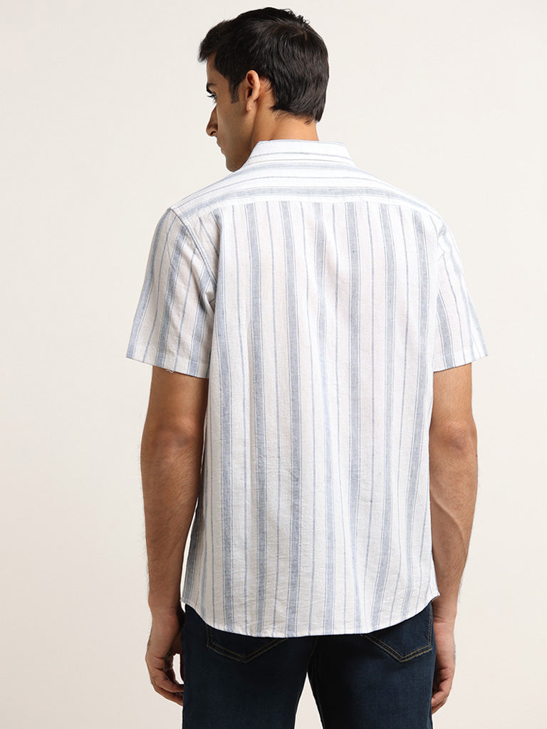 WES Casuals White and Blue Striped Slim Fit Blended Linen Shirt