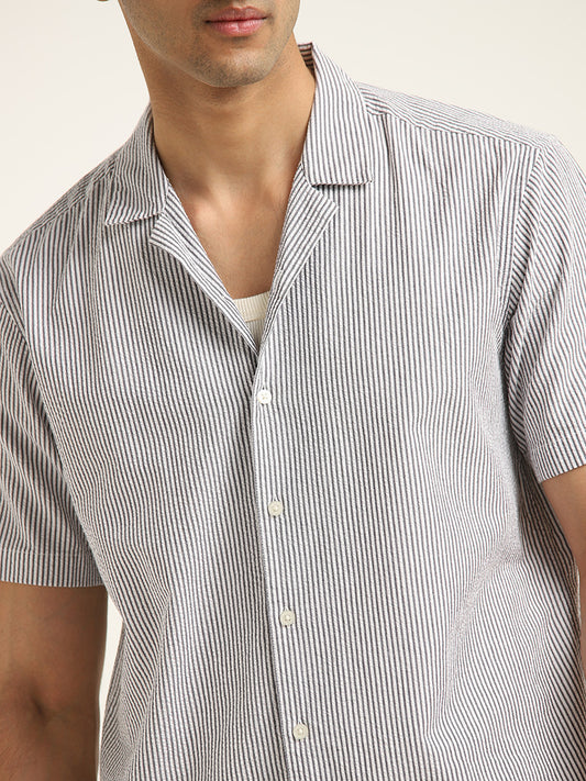 WES Casuals Charcoal Striped Relaxed-Fit Cotton Shirt