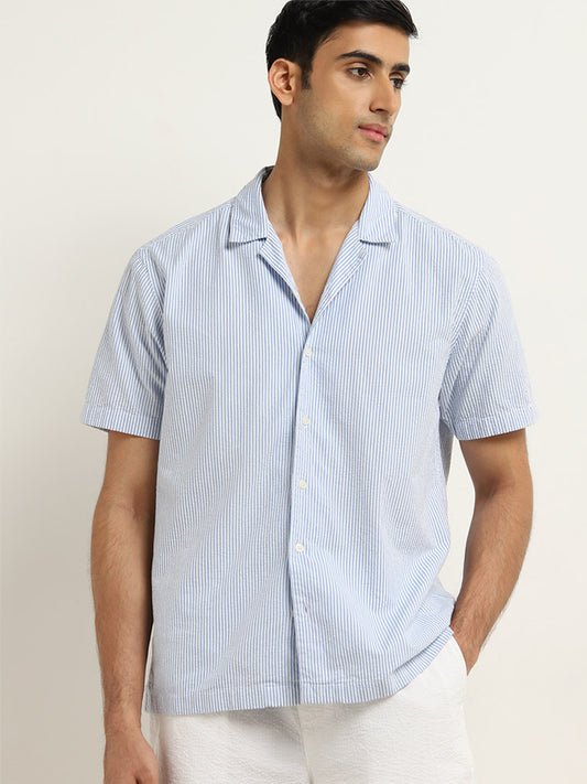 WES Casuals Blue Striped Design Relaxed-Fit Cotton Shirt