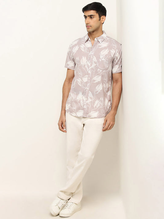 WES Casuals Mauve Floral Printed Slim Fit Shirt