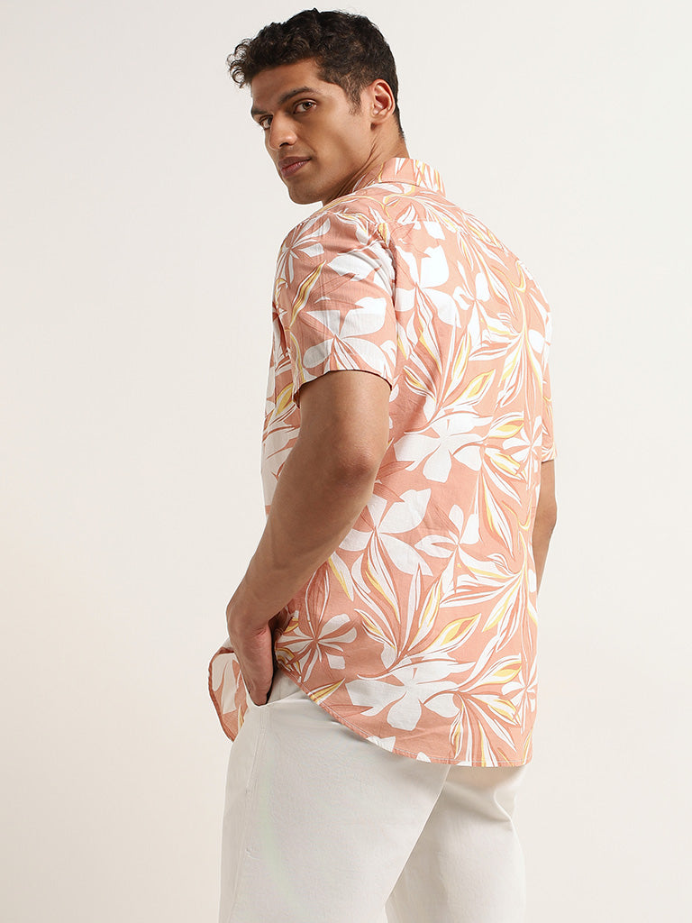 WES Casuals Peach Floral Print Slim Fit Shirt