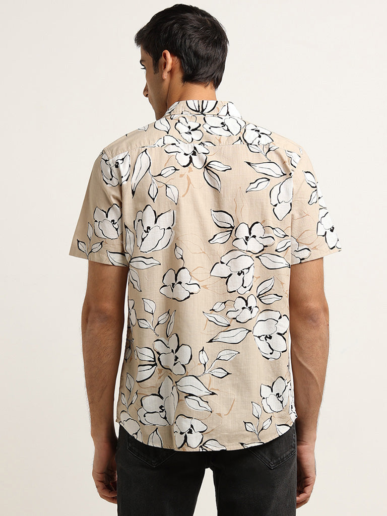 WES Casuals Beige Floral Print Slim Fit Shirt