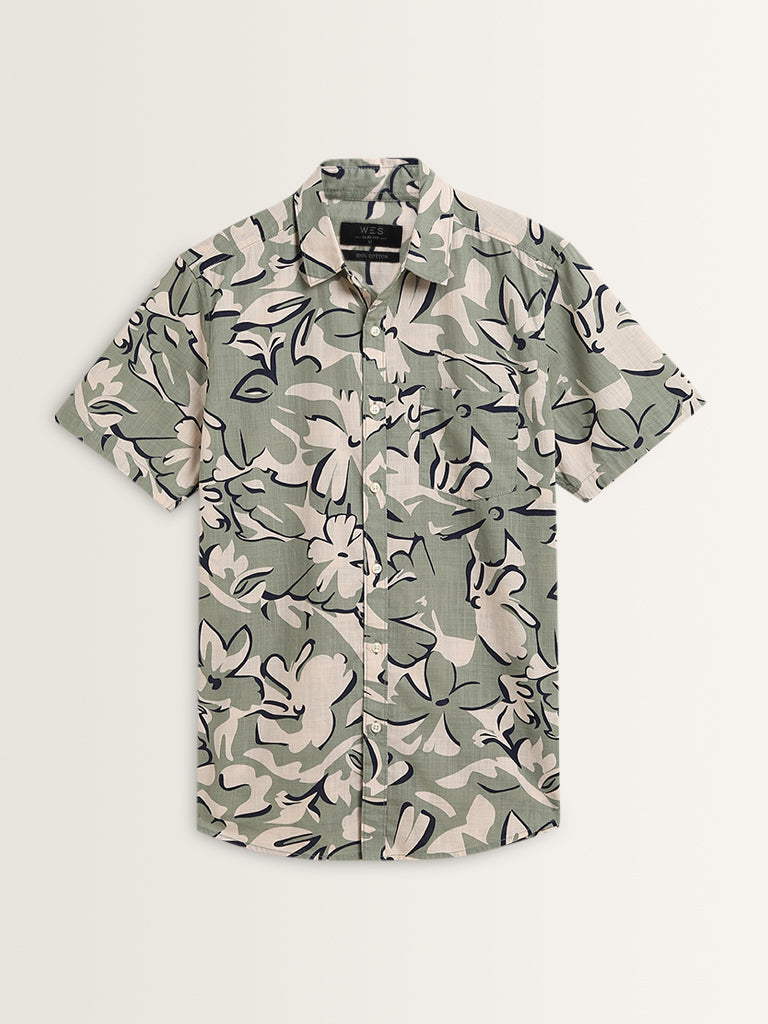 WES Casuals Sage Floral Printed Slim Fit Shirt