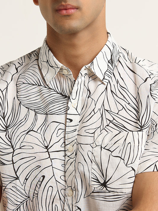 WES Casuals Black and White Leaf Print Slim-Fit Shirt