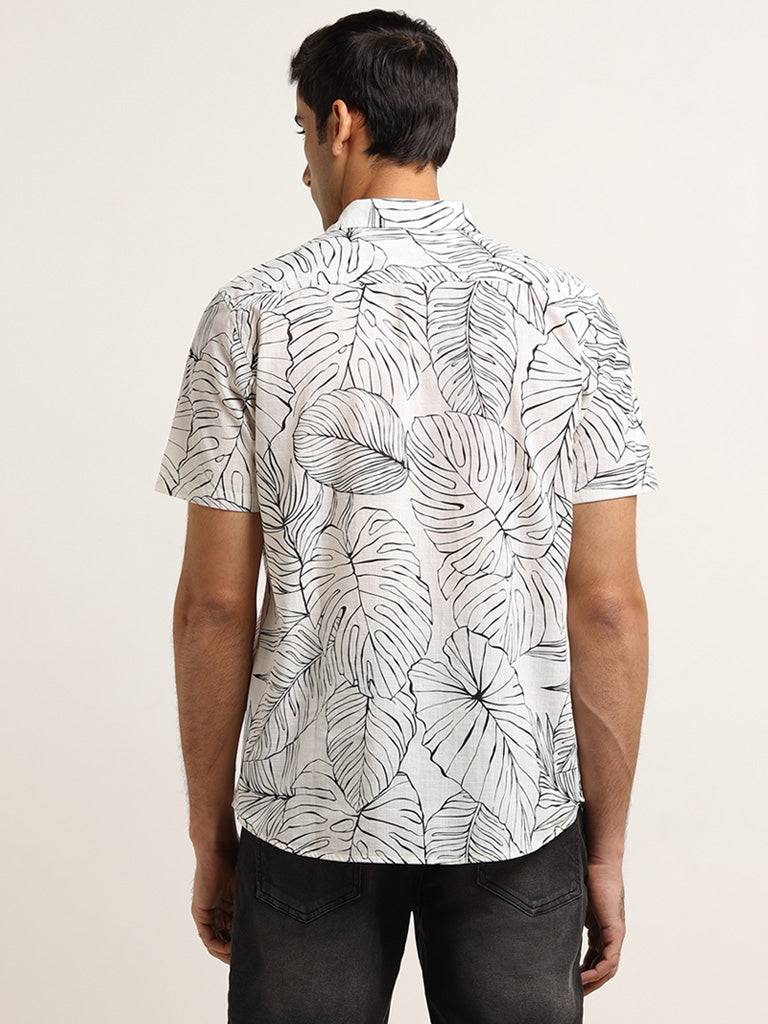 WES Casuals Black and White Leaf Print Slim-Fit Shirt