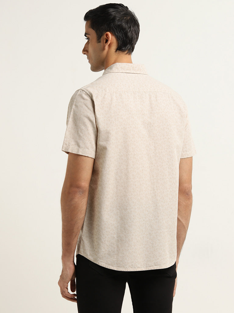 WES Casuals Beige Floral Design Slim-Fit Blended Linen Shirt