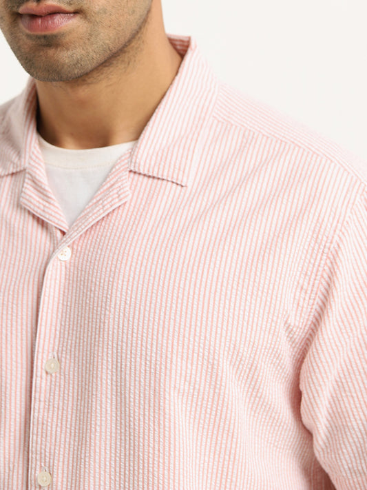 WES Casuals Coral Stripe Pattern Relaxed-Fit Cotton Shirt