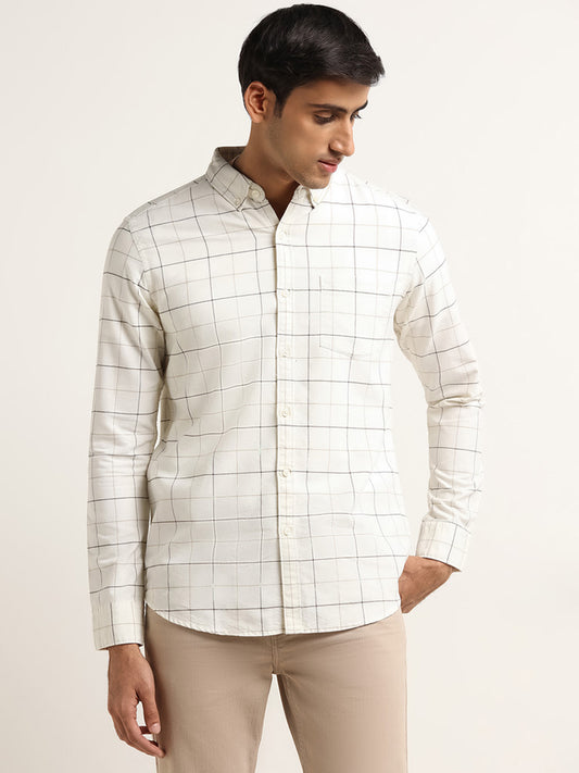 WES Casuals Off-White Checkered Slim Fit Shirt