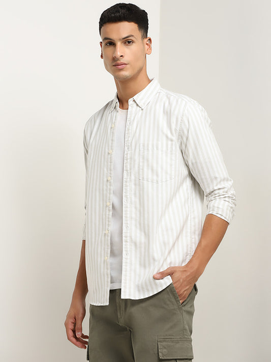 WES Casuals Light Sage Striped Slim Fit Shirt