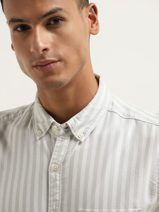 WES Casuals Light Sage Striped Slim Fit Shirt