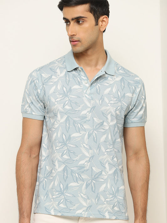 WES Casuals Light Blue Floral Printed Slim Fit Polo T-Shirt