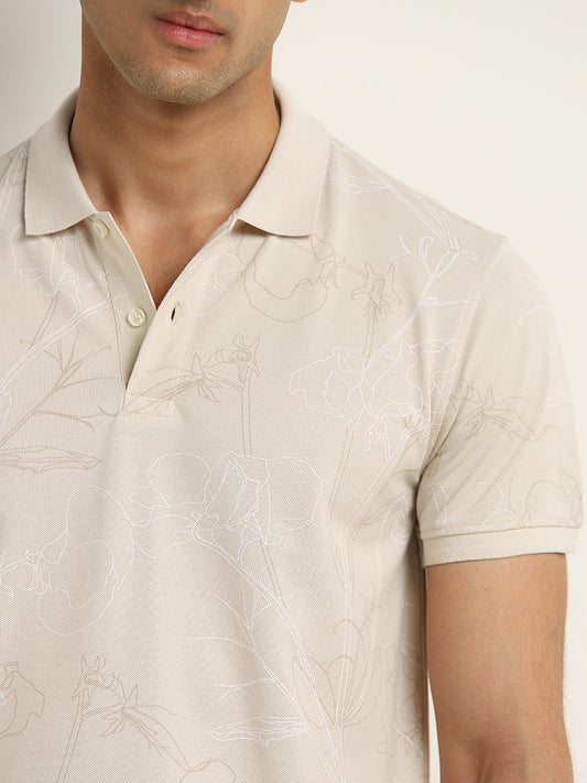 WES Casuals Beige Floral Printed Slim Fit Polo T-Shirt