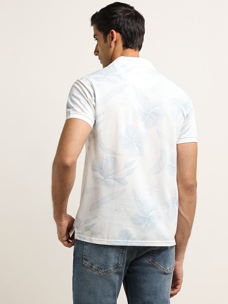 WES Casuals Light Blue Floral Printed Slim Fit T-Shirt