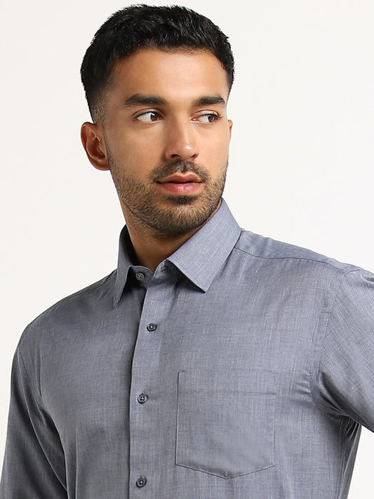 WES Formals Navy Solid Relaxed-Fit Shirt